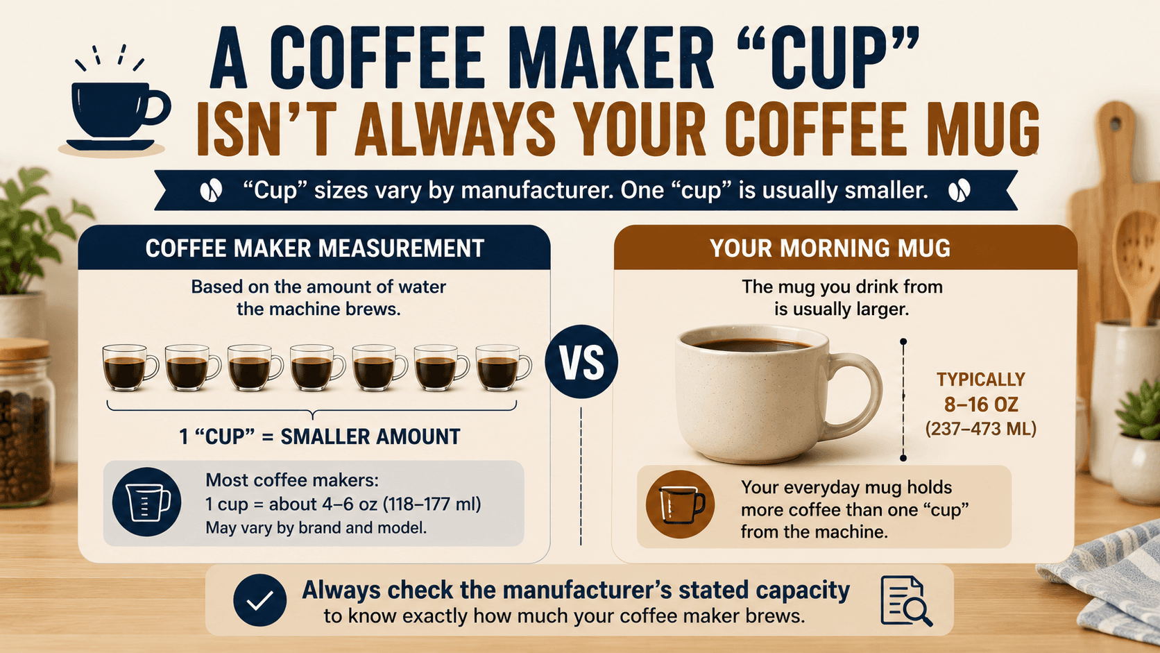 A coffee maker cup is not always your coffee mug: one cup is usually 4-6 oz, a mug is 8-16 oz